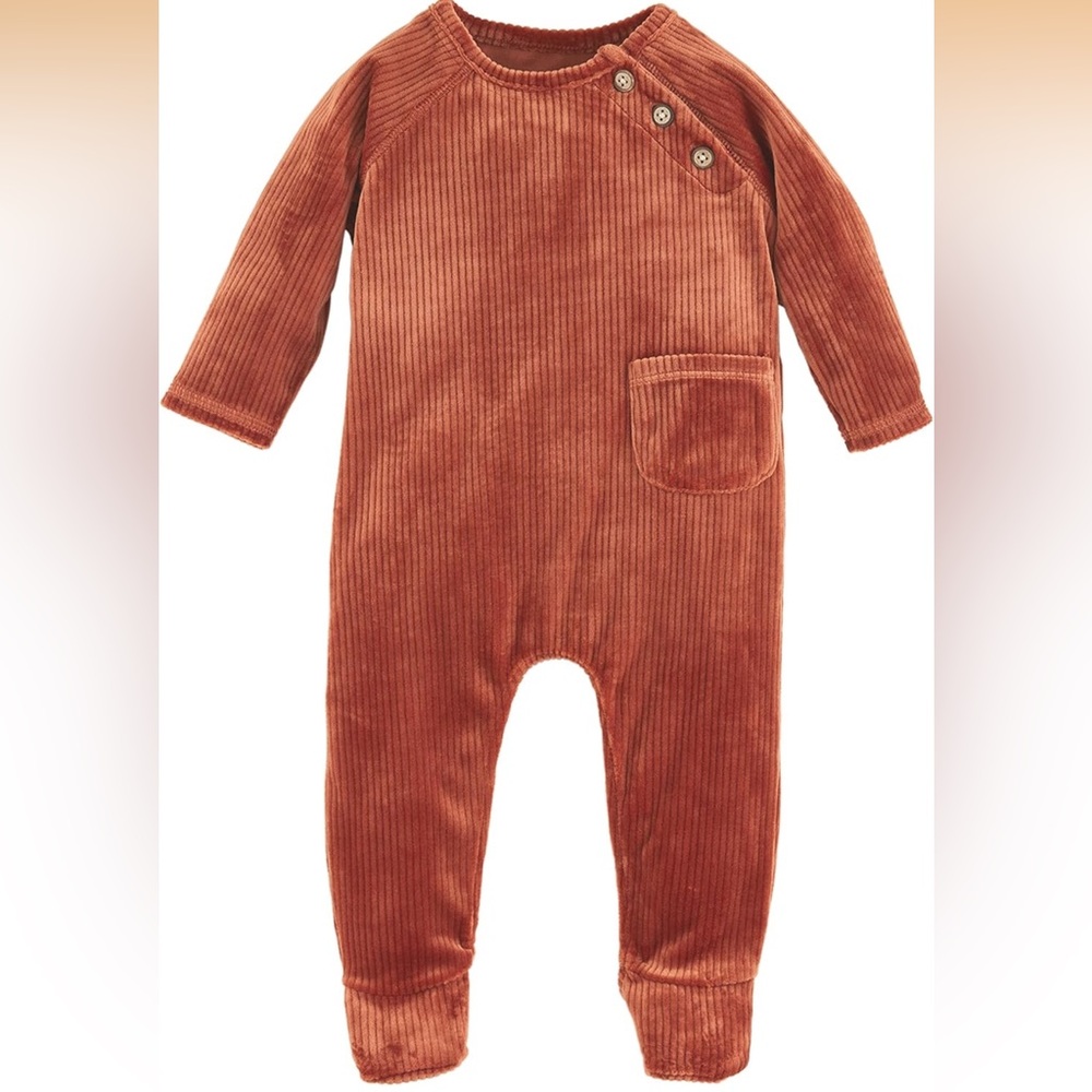NWOT Mud Pie Footed Velour Ribbed Sleeper with pocket in Tobacco- baby onesie